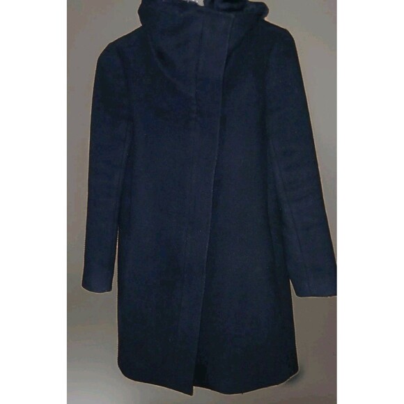 Club Monaco Womens Wool Pea Coat Faux Fur Collar Black XS Zip Mid-length Chic - Picture 2 of 12